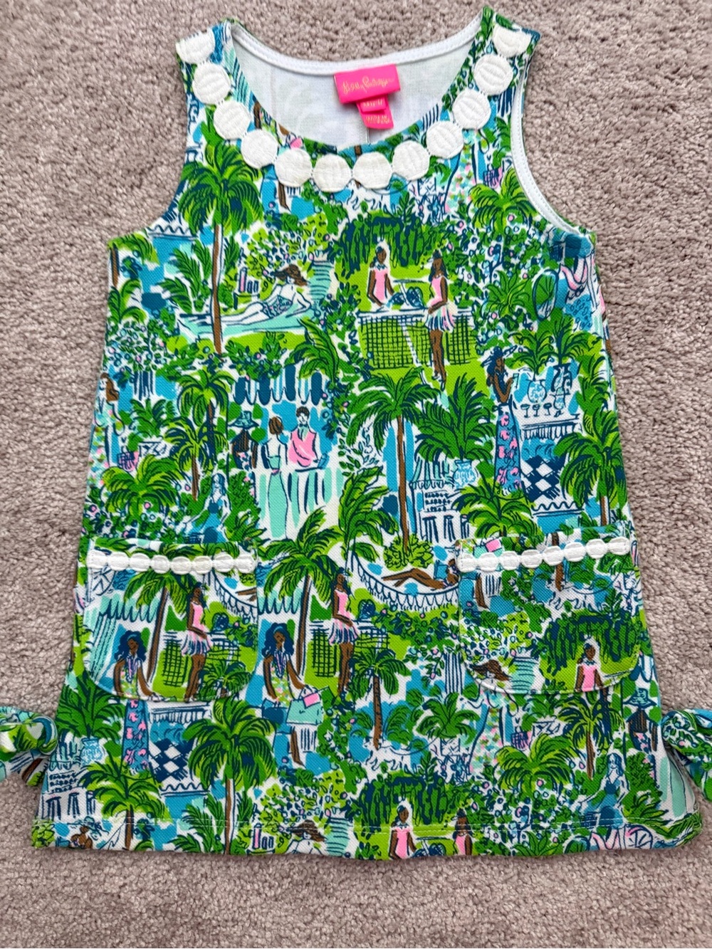 2-3T EUC Lilly Pulitzer Green Blue Tropical Scene Shift Dress with White Trim